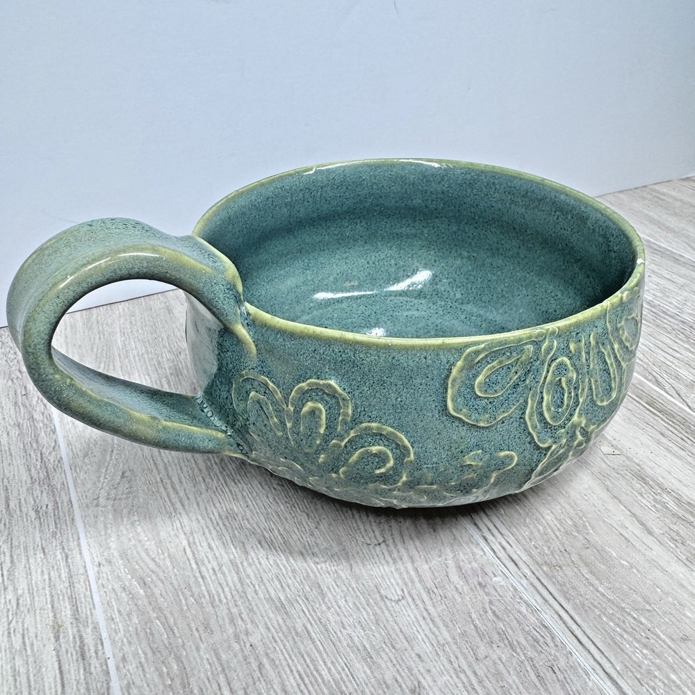 Signed Sheila Handmade Pottery Soup Mug Blue Green Floral Ceramic Cup READ